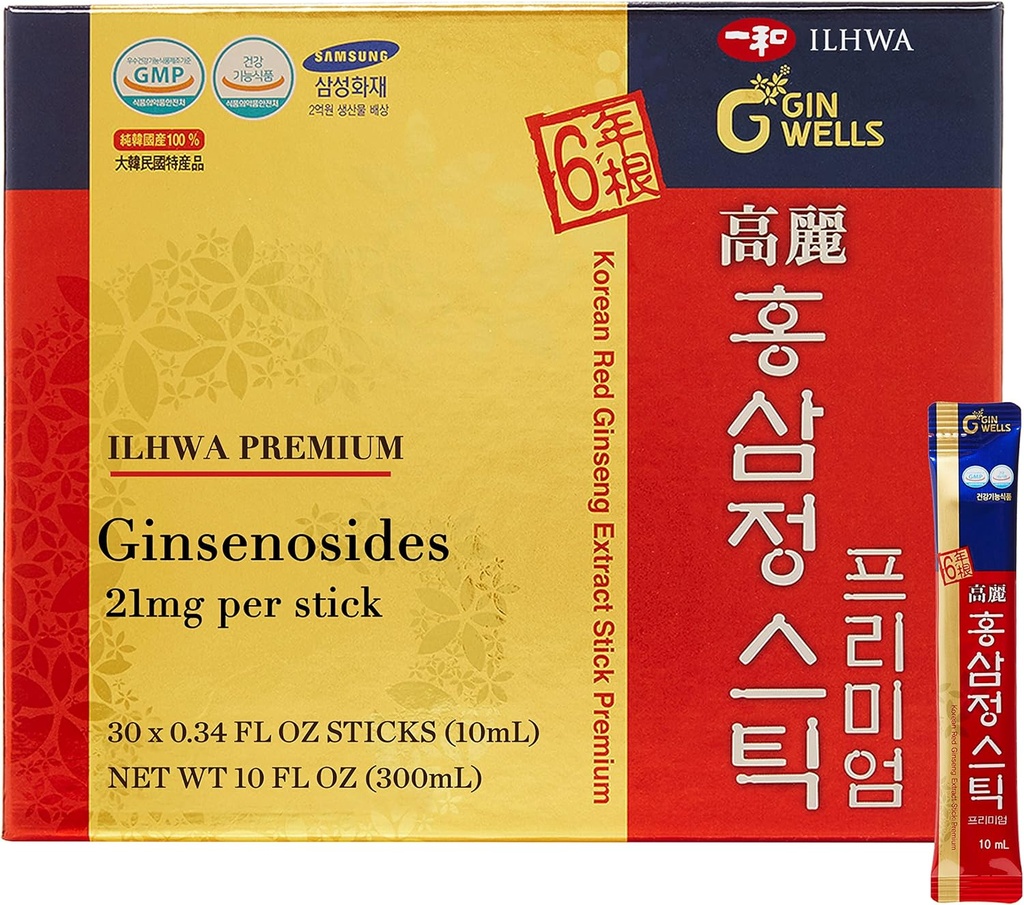 ILHWA Premium Korean Red Ginseng Extract Sticks (0.34FL oz X 30 Sticks) - untuk kekebalan. Ginsenoside 21 mg per Serving