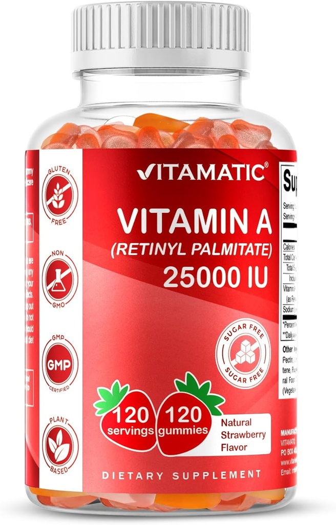 Vitamatic Sugar Free Vitamin A 25000 IU Gummies (Retinyl Palmiate) - Natural Strawberry Flavor - 120 Pectin Based Gummies (3 Botol)