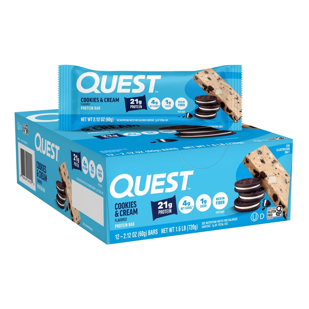 Quest Nutrection Cookies & Cream Protein Bars, 21g Protein, 1g Sugar, 4g Net Carb, Gluten Free, Keto Friendly, 12 Count
