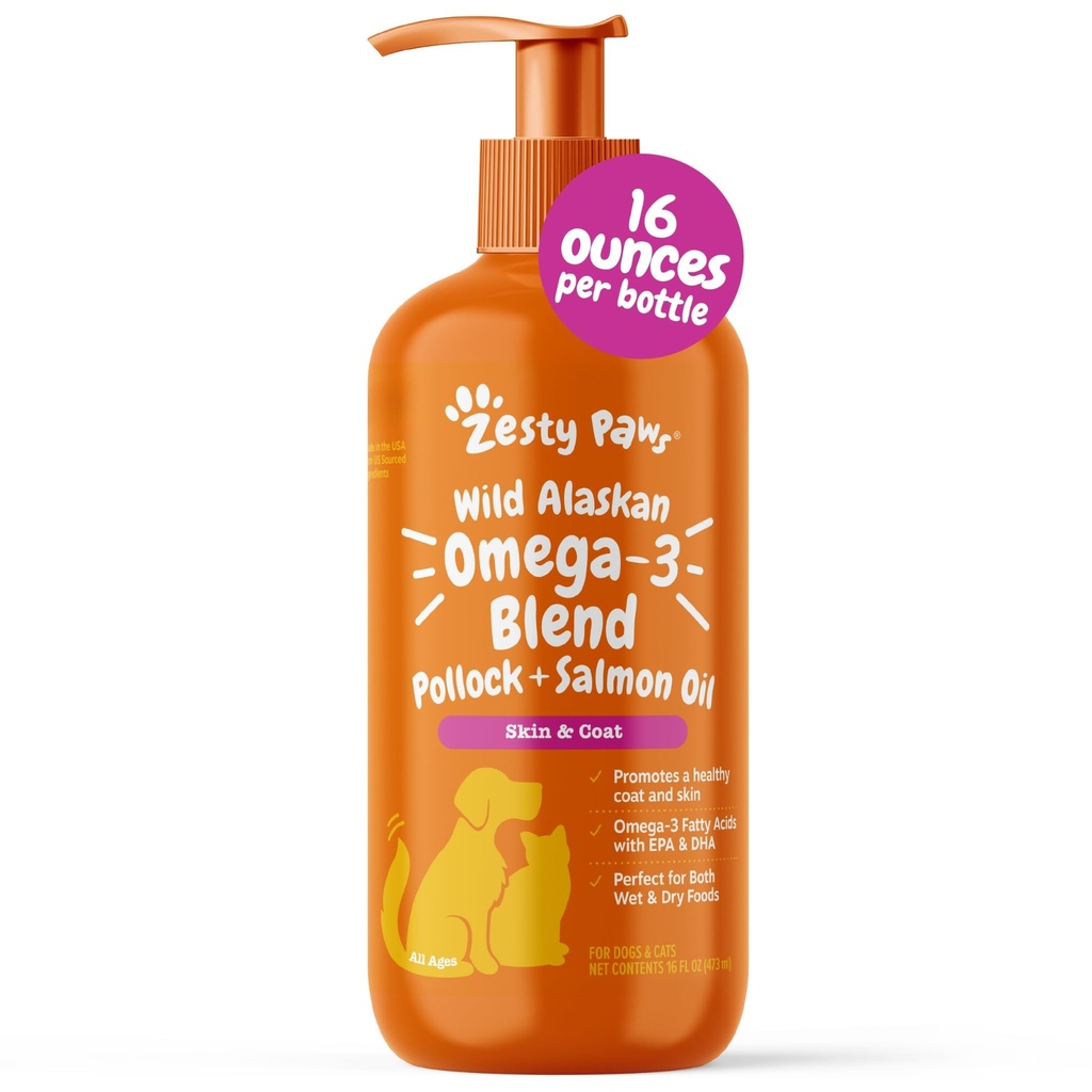 Zesty Paws Wild Alaska Omega 3 Blend Pollock + Salmon Oil for Dogs and Cats- Skin and Coat Support, Omega 3 Supplemen Pets, 16oz