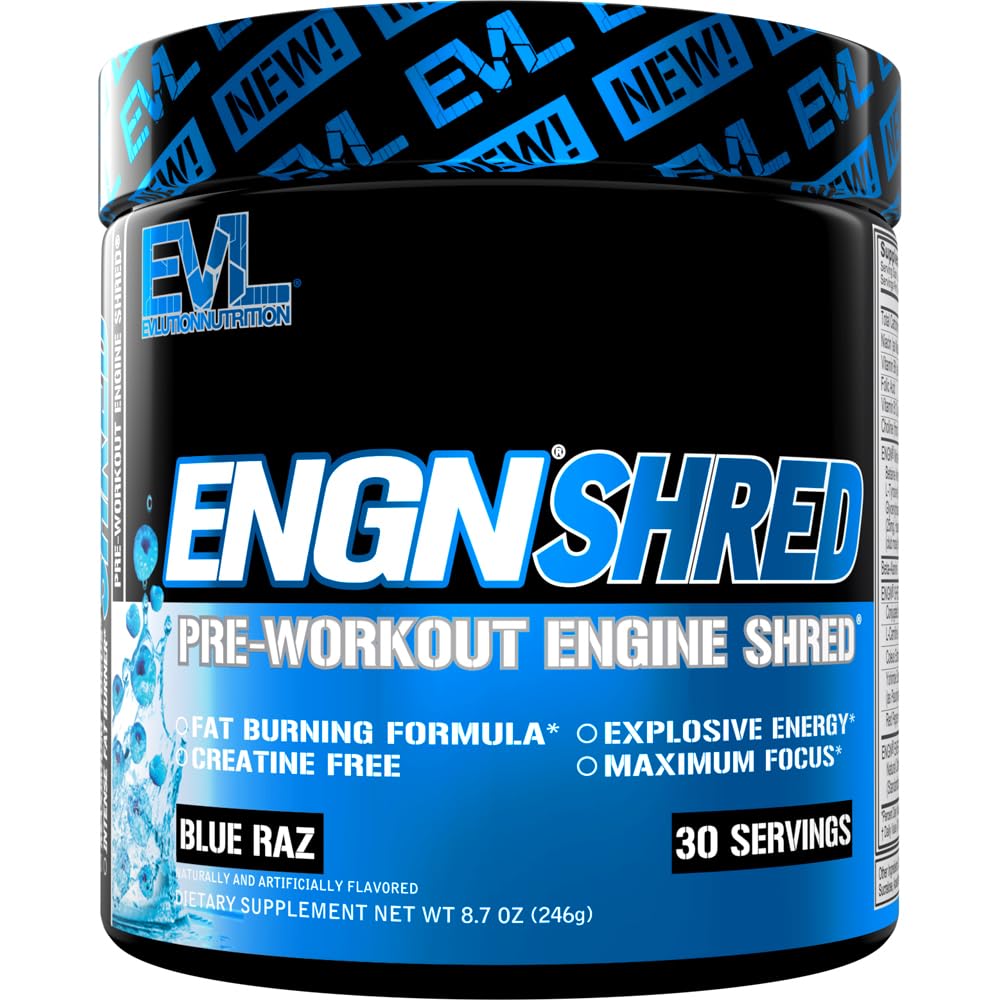 EVL Ultimate Pre Workout Powder - Thermogenic Fat Burns Dupder Drink for Lasting Energy Focus and Stamina - ENGN Shred Intense Free Pretraining Minum Mix - Blue Raz