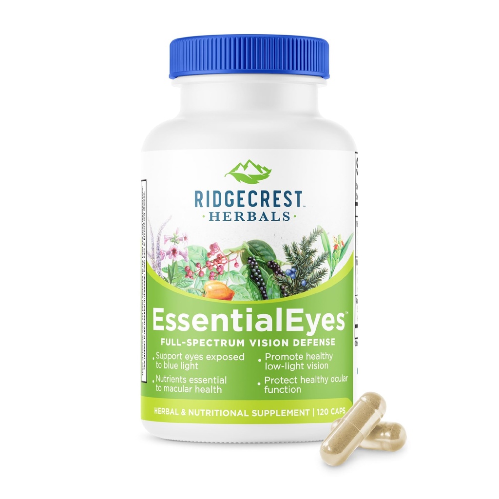 Ridgecrest Herbals EssentialEyes, Suplemen Mata Alami Vitamin, Berisi Lutein, Dalxanthin, Bilberry Extract, Support Eye and Vision Health (120 Vegan Caps, 30 Serv)