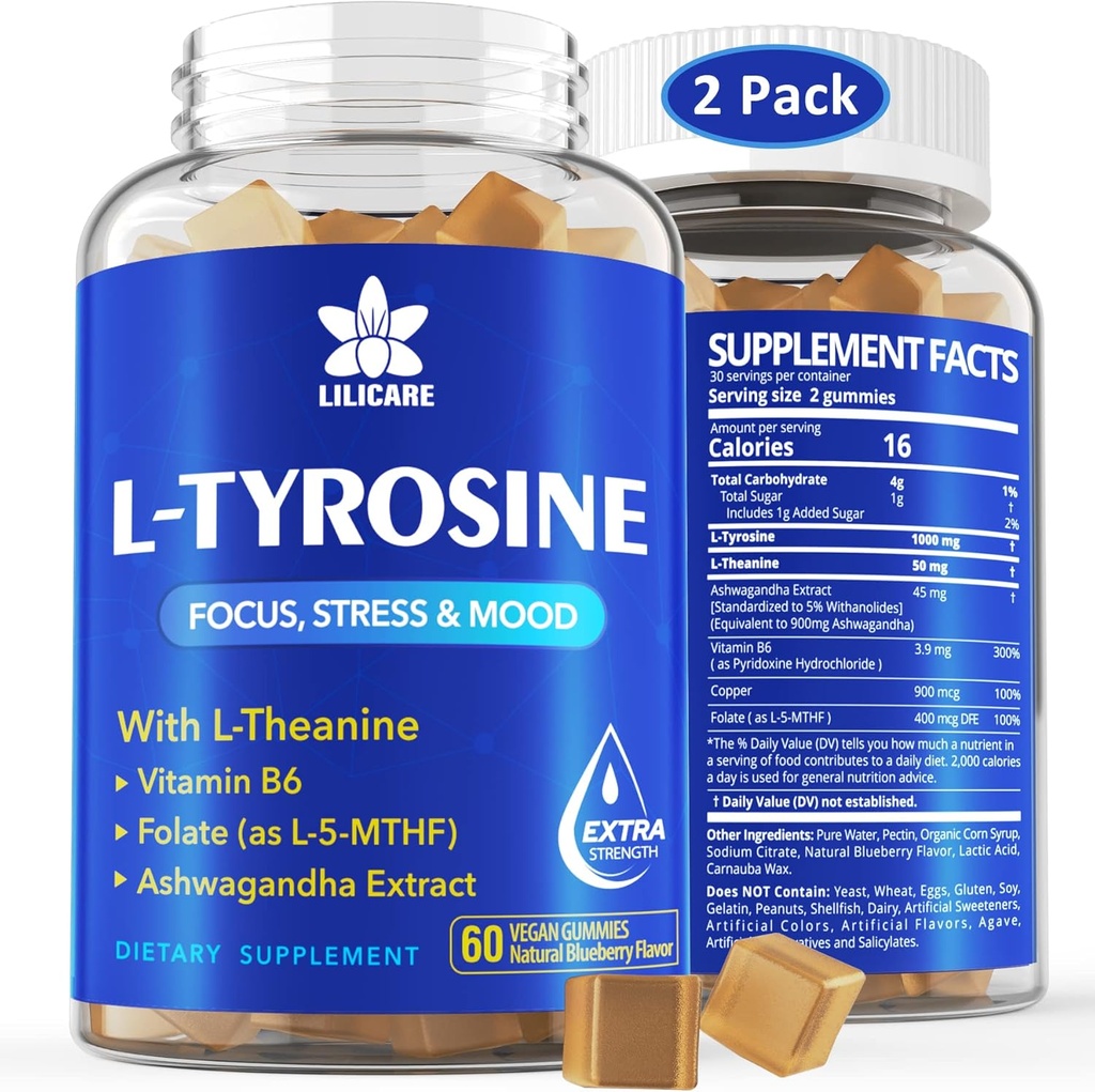 L Tyrosine Gummies 1100mg Mood Dukung Blend, with Ashwagandha, L-Theanine, Vitamin B Complex B6, Folate (Vitamin B9), Focus & Memory, Cognition & Brain Fungsi, Energi Boost, Stress Dukungan, 2Pc / 120ct