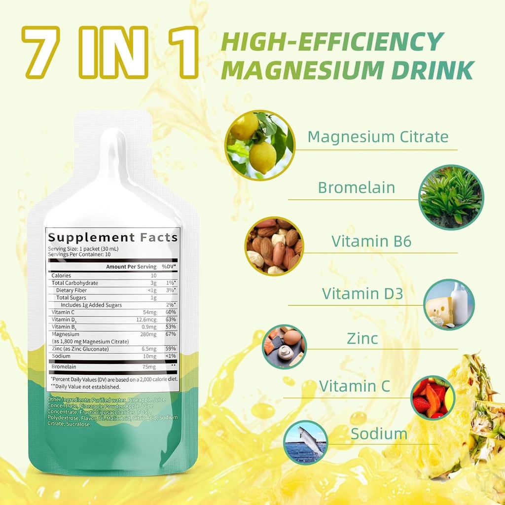 Magnesium Citrate Liquid Suplemen (10 Fl Oz), Magnesium Kompleks Minuman / Oral Solusi dengan VitaminB, Zinc, Sodium dan Bromelain untuk Tidur, Otot, Jantung, Gut Dukungan (Pineapple)