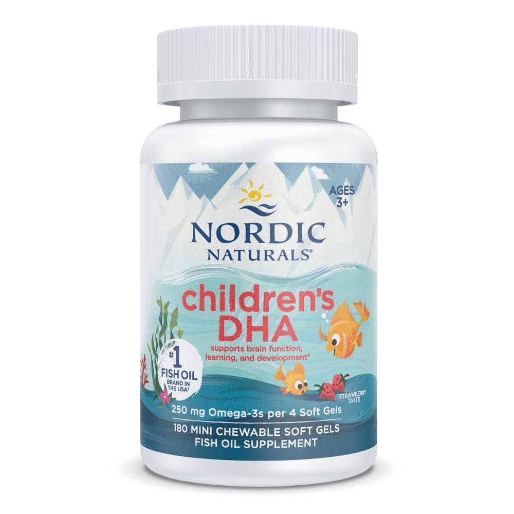 Nordic Descenals Children 's DHA, Strawberry - 180 Mini Chewable Soft Gels for Kids - 250 mg Omega -3 dengan EPA & DHA - Pembangunan Otak & Fungsi