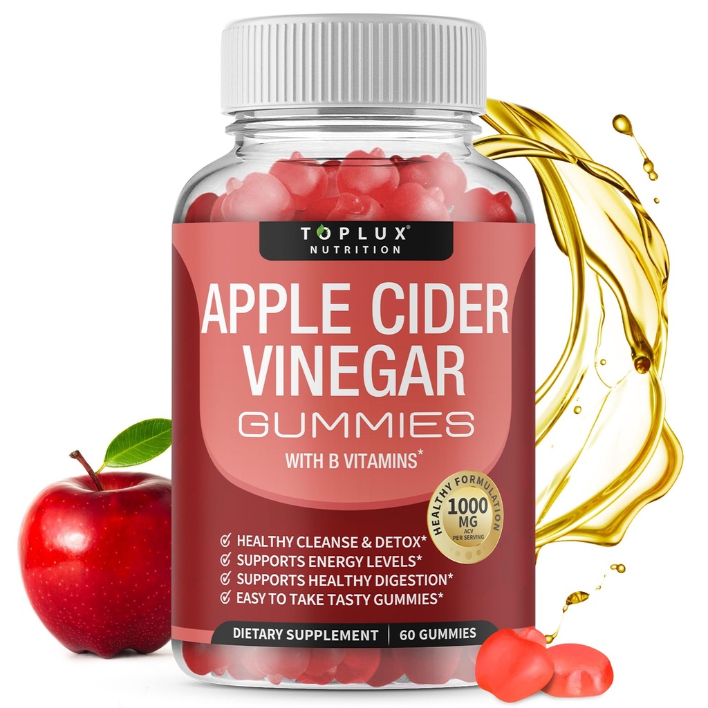 Toplux Apple Ciegar Gummies - 100mg ACV dengan B12, Beet Root, Pomegranate for Immune System, Detox & Cleanse, Gummy Cider Vinegar Capsules, for Men Women, 60 Gummies