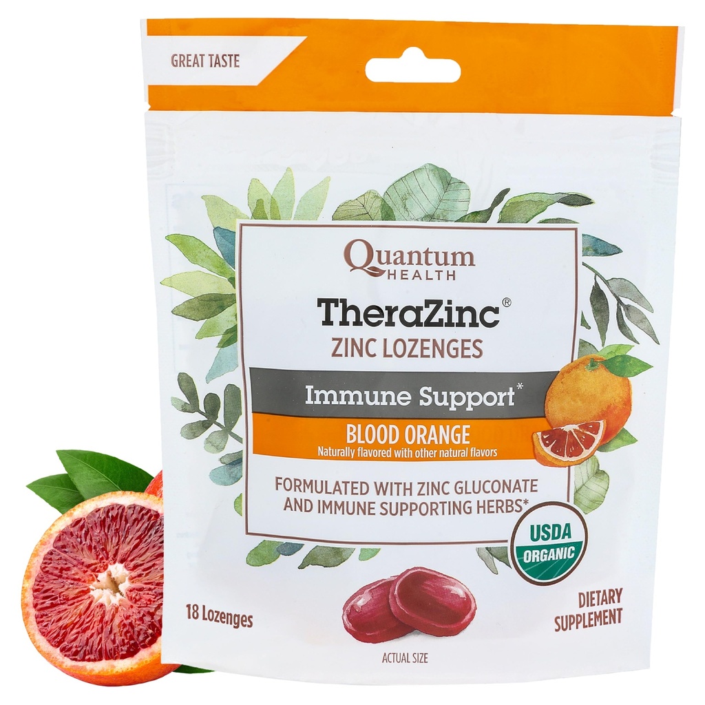 Quantum Health TheraZinc Organic Zinc Lozenges Echinacea & Honey Ammune Dukungan untuk Dewasa & Anak-anak 12 + Tentu saja Flavared Blood Orange Fast Relief dengan No Aftertaste - 18 Count