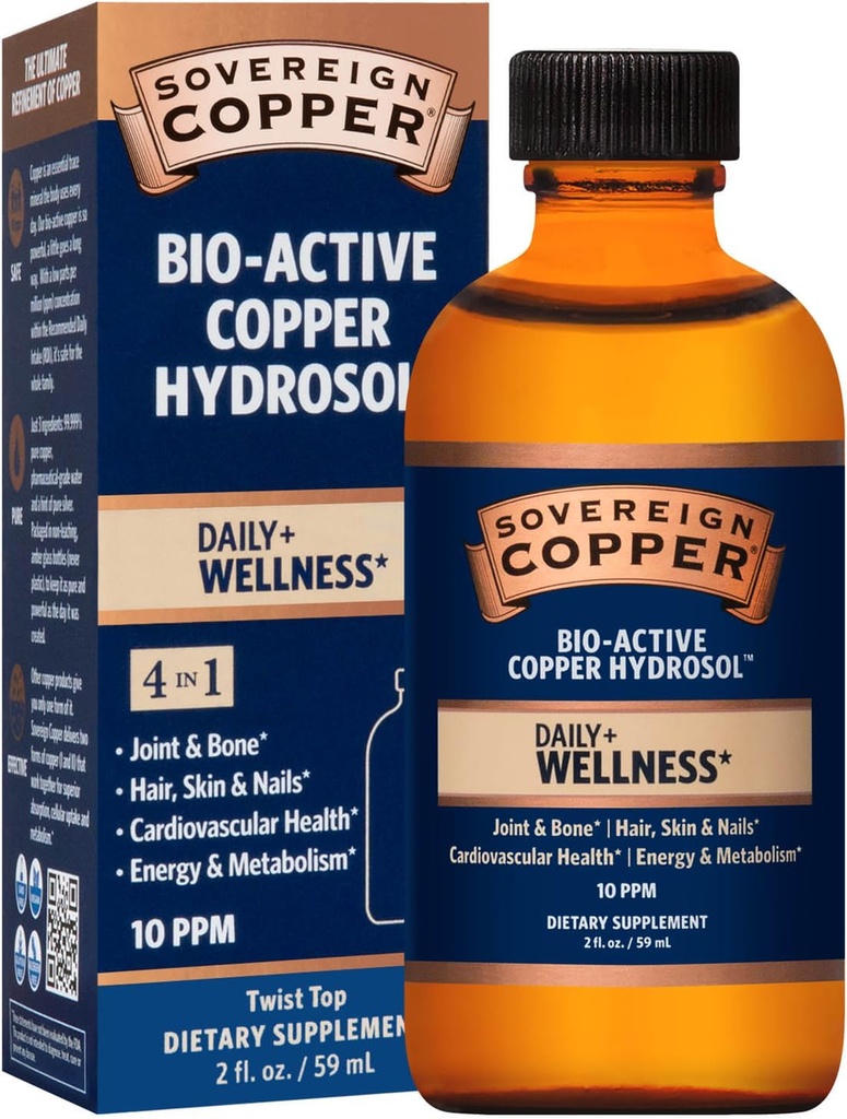 Sovereign Copper Professional 4-1 Wellness Support, Joint & Bone, Hair, Skin & Nails, Cardiovascular Health & Energy, Bio- Active Copper Hydrosol, 30 plum, Liquid Twist Top, 2 Fl Oz (59 mL)