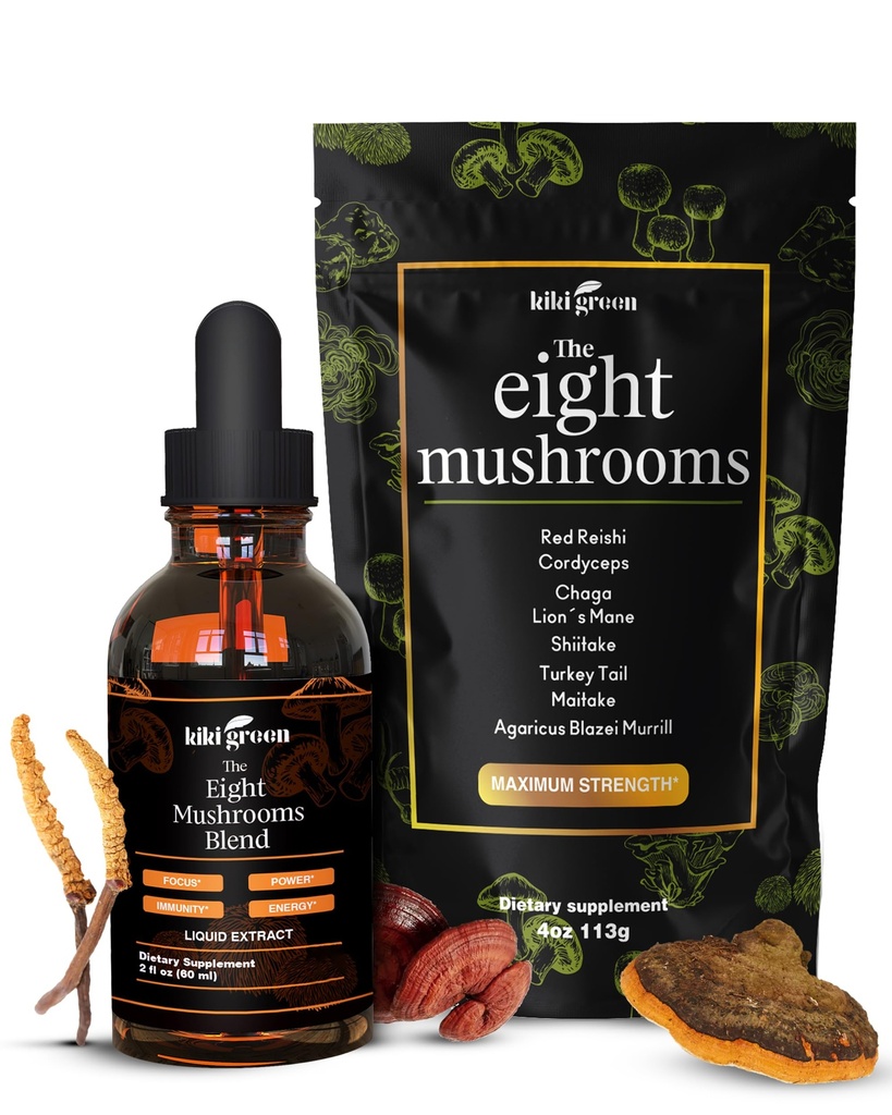 KITI Green 8 Jamur Powder & Liquid Extract Bundle - Kompleks Suplemen Jamur untuk Fokus & Energi - Singa Mane, Chaga, Cordyceps, Turkey Tail, Reishi, Shiitake, Maitake - 4 oz, 2 fl oz