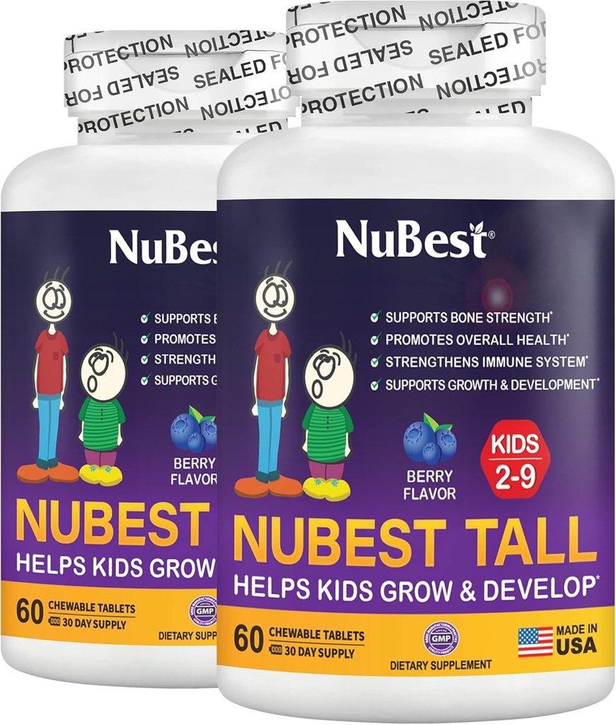 NUBest Tall Kids - Multivitamin & Minerals for Age 2 sampai 9 - Bone Strongity & Immunity Support - Helling Kids, Toddlers Heally - Animal Shape - 120 Chewable Berry Tablet 12.4; 2 Bulan Supply