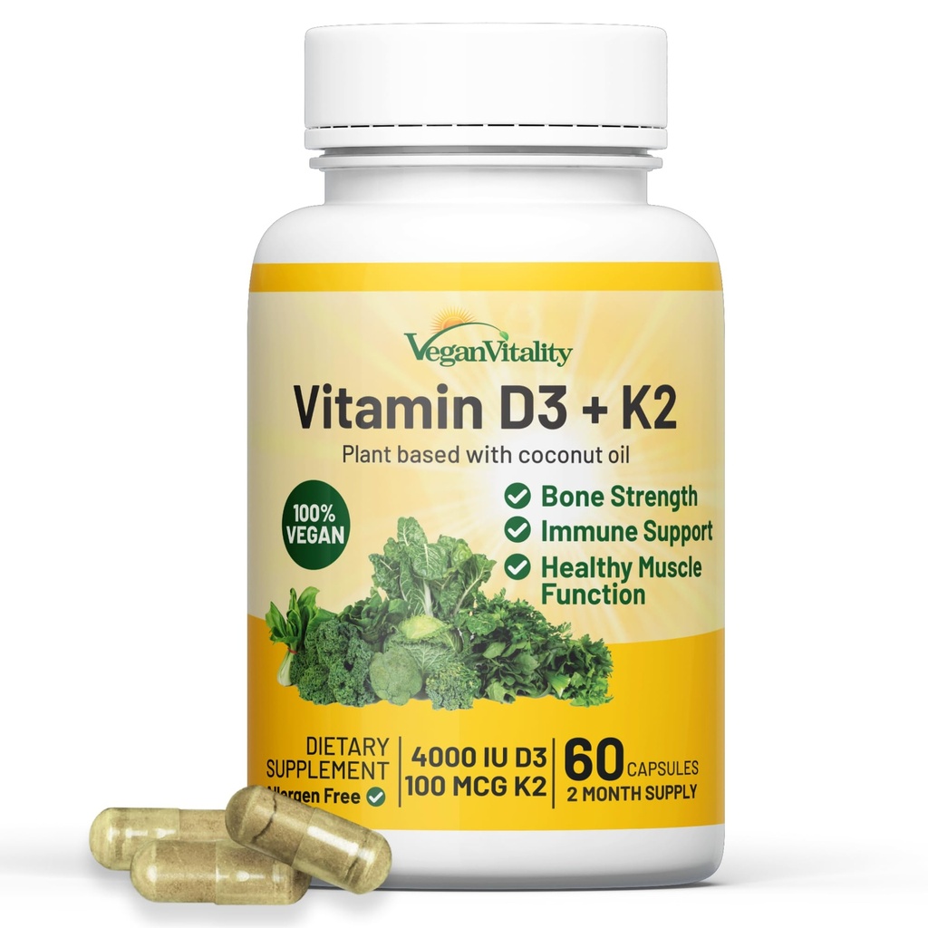 Vegan Vitalitas D3 K2 4000IU (100mcg) dengan Coconut Oil, 100% Tanaman berbasis Vegan Vitamin D untuk Vegan dan Vegetarian - 60 Kapsul