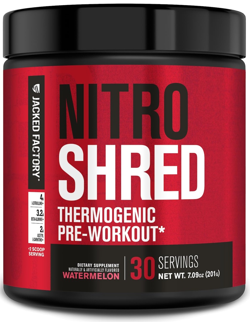 Jacked Factory NITROSURGE Shred Pre Workout Suplemen - Energy Booster, Instant Strength Gains, Sharp Focus, Powerful Pumps - Nitric Oxide Booster & PreWorkout Powder - 30Sv, Watermelon