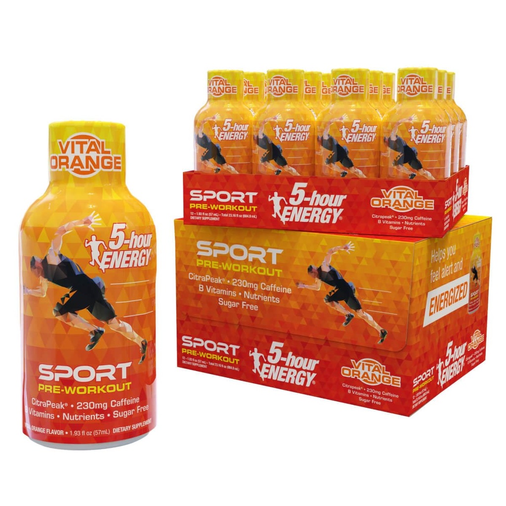 5-Hour Energy Extra Energy Sport Shots with Citrapeak, Vital Orange Flavor, Pre- Workout, 24 Count (1.93 lf oz)