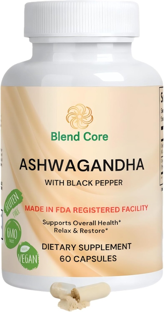 Aswagandha dengan Black Pepper Ashwagandha Suplemen - 60 Count Pure Ashwagandha Capsules untuk Dukungan Imune, Energy Boost - Non-GMO Vegan Friendly Ashwagandha Complex