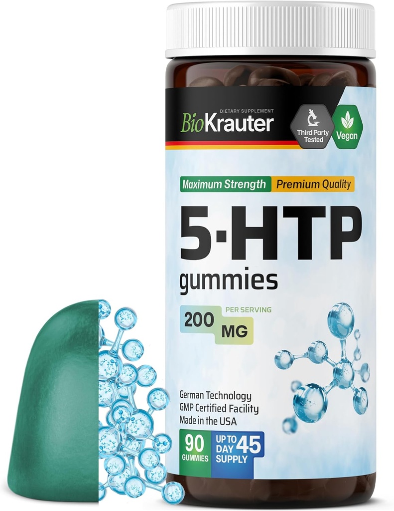 BIO KRAUTER 5 HTP Tambahan Gummies - 200 mg Kekuatan - 90 Vegan Chews