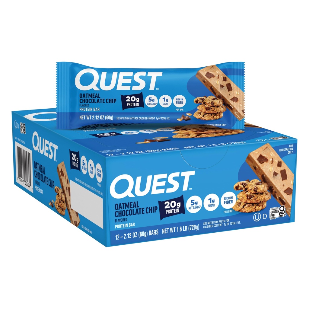Oatmeal Chocolate Chip Protein Quest Bars, 20g Protein, 1g Sugar, 5g Net Carb, Gluten Free, Keto Friendly, 12 Count