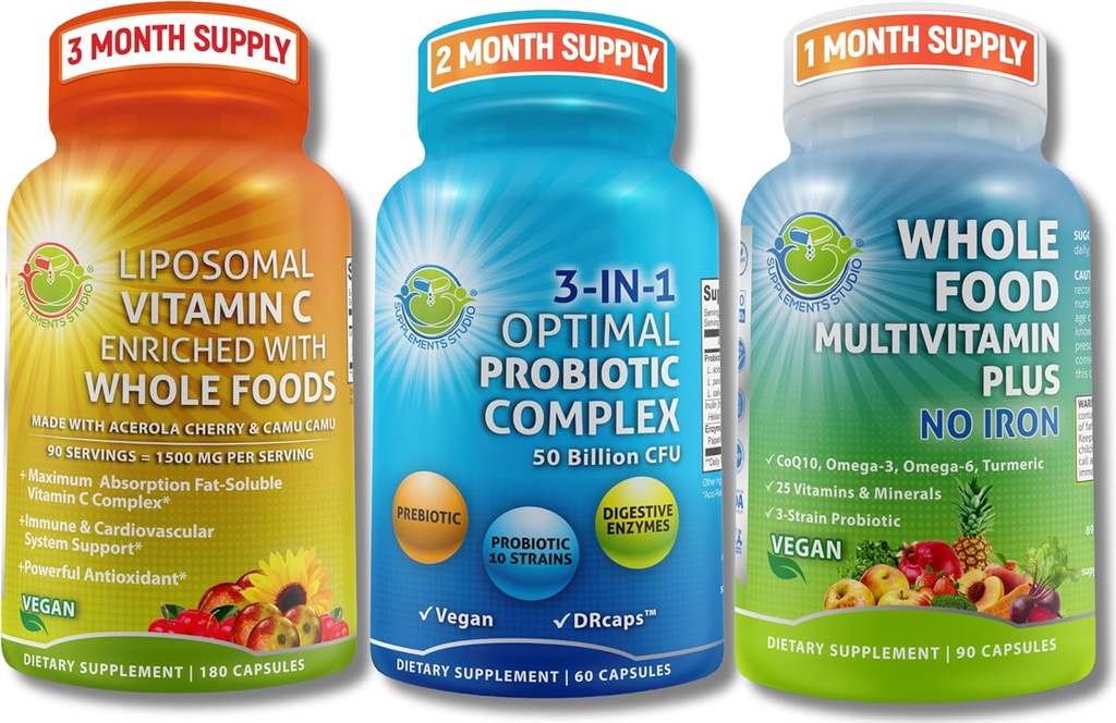 Kesehatan Gut, Imunitas, Energi & Nutrient Dukungan - 3-in- 1 Probiotic dengan Enzymes Digetical + Lipomal Vitamin C 1500mg + Whole Food Multivitamin Without Iron - Vegan, Non-GMO, Clean Wellness Support
