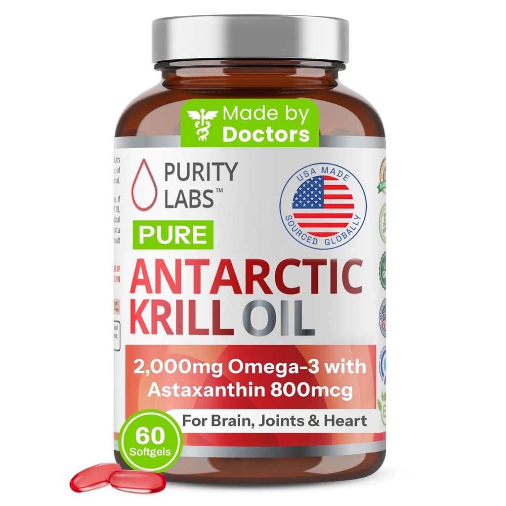 Purge Labs Antartika Krill Oil 2000mg Omega- 3 dengan Suplai Astaxanthin 800mcg untuk Mendukung Kaya di Omega 3, Acids Gendut, DHA, EPA & Phospholipids - 60 Softgeels