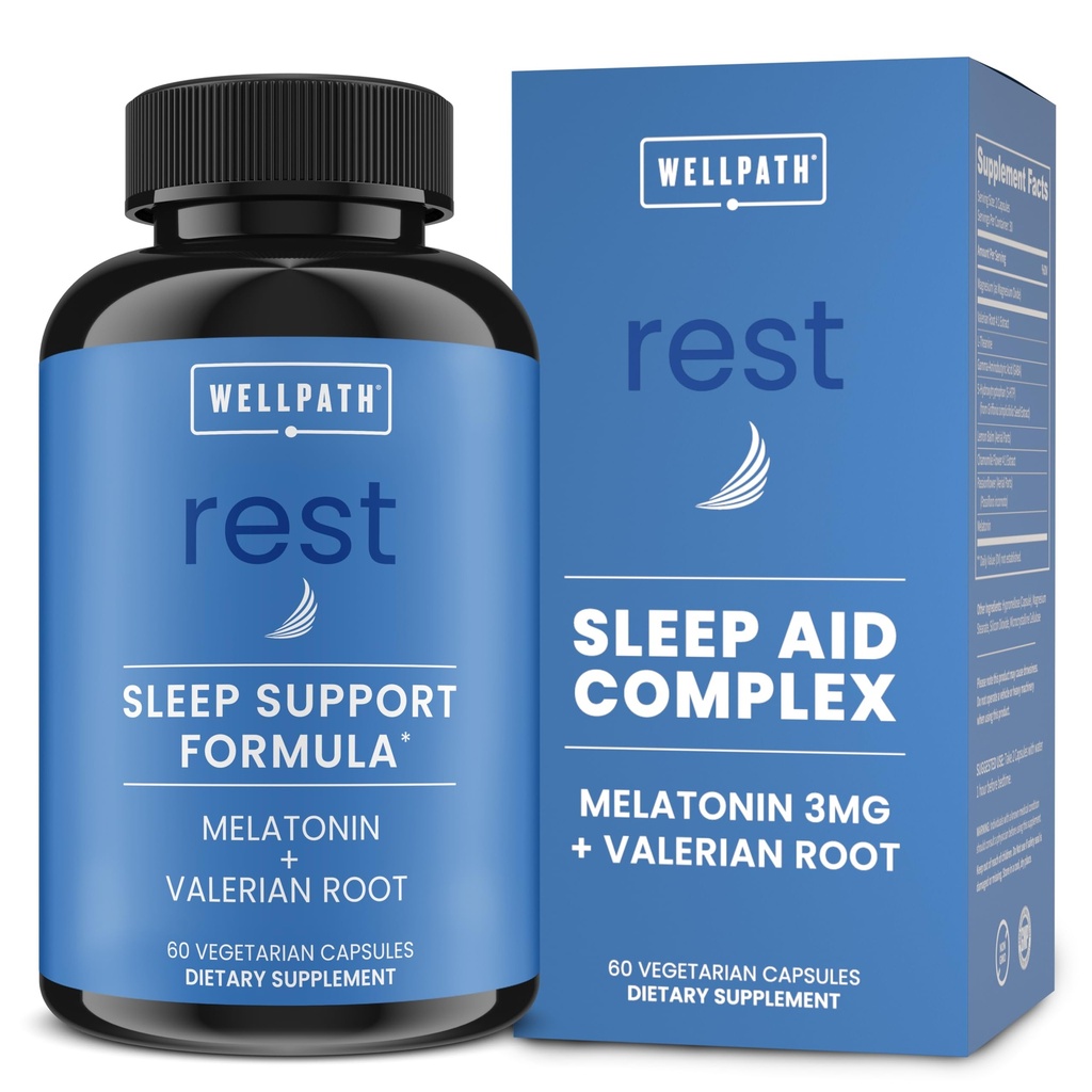 Wellpath Rest Valerian Root Sleep Aid untuk Orang Dewasa dengan Melontinin & L-Theanine 124; Pil Tidur Alam & Herbal dengan Ekstra Kekuatan 124; 145-HTP, Lemon Balm, Chamomile, 60 Ct