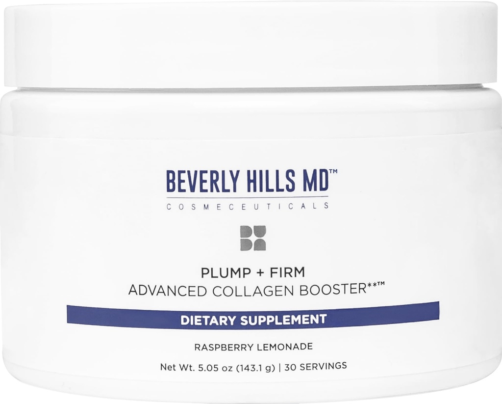Beverly Hills MD Plump + Firm Collagen Booster Advanced untuk Aging Skin- Nutrient Powder Minum Mix Formula untuk Plumper, Firmer, Skin w / Collagen Peptides, Polyphenols, Ceramides (Raspberry Lemonade)