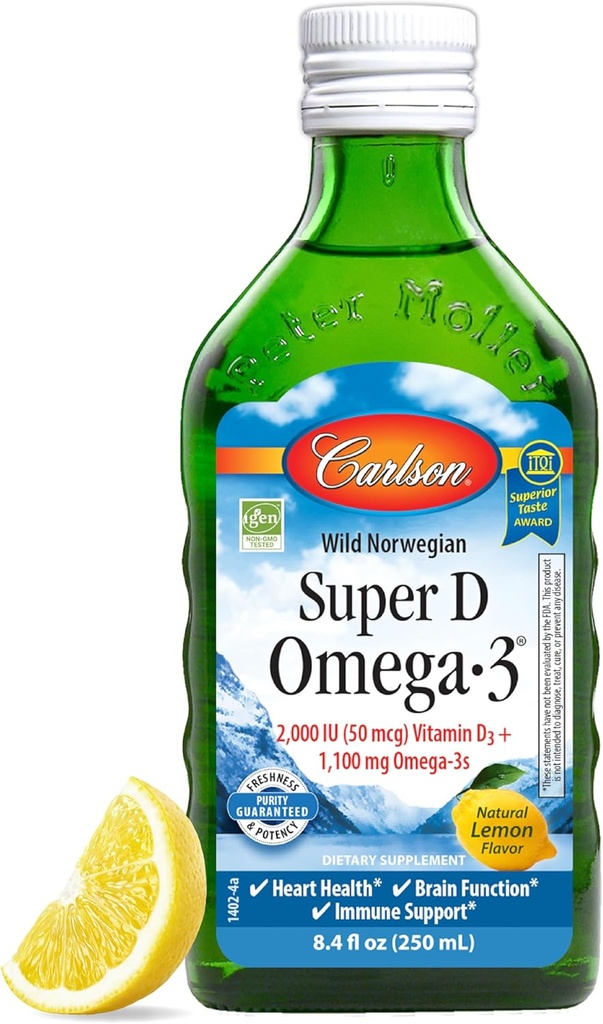 Carlson - Super D Omega-3, Wild- Caught Norgian Cod Liver Oil, 2000 IU (50 mcg) Vitamin D3, 1100 mg Omega-3s, Sumpably Diurinced Nordic Fish Oil Liquid, Lemon, 250 ml