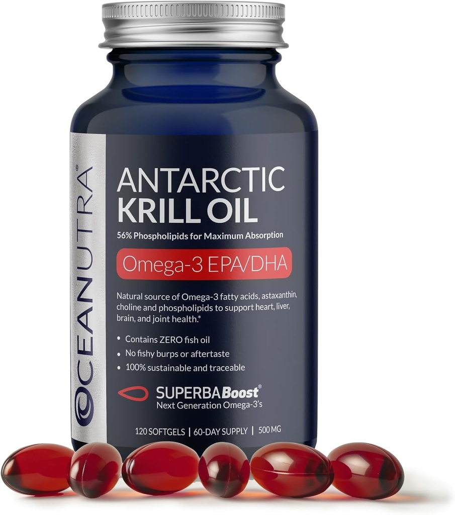 Wild Caught Antarctic Krill Oil 500mg Softgels, Superbaost Omega 3 Suplement, EPA & DHA, Astaxanthin, Choline, 56% Phospholipids, Sustaminable, No Fish Oil, Vanilla Flavor (Supply 60 Hari)