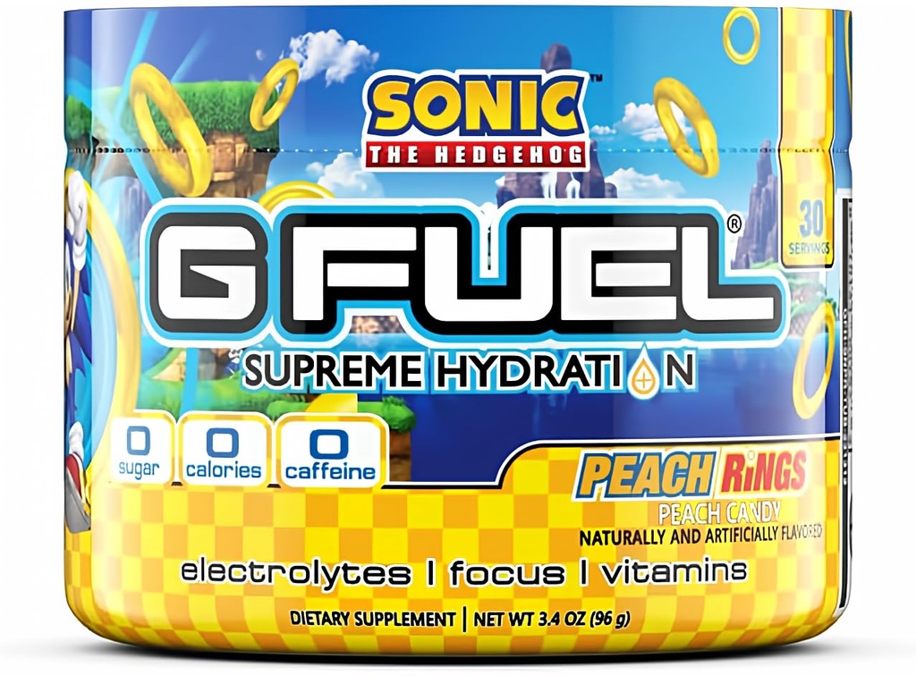 G Fuel Sonic 's Peach Rings Supreme Hydration, Electrolite Powder Mix for Energy & Focus, Sugar and Caffeine Free Suppplemen dengan Estivens Vitamin & Mineces, Peach Rings Flavor, 3.4 oz - 30 Servings