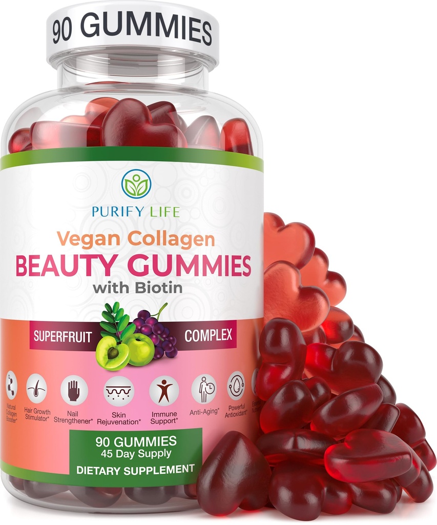 Purify Life Vegan Collagen Gummies dengan Biotin Vitamin for Hair Skin and Nails Health, (90 Chews) Collagen Dukung Superfruit dengan Resveratrol, Vitamin A, E, C - Ganti Kapsul, Pil