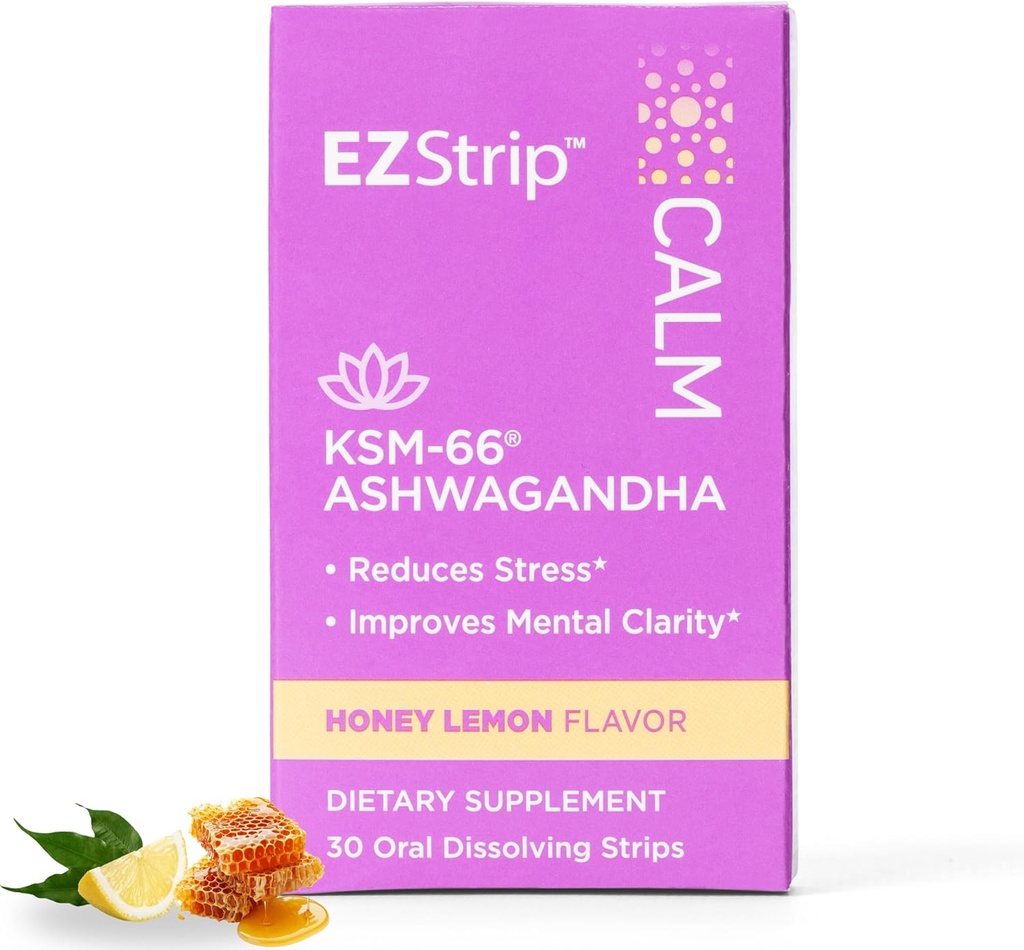 Suplemen Tenang - Madu Lemon Flavor, 30 Count - Dissoling Calming Strips dengan Ashwagandha KSM 66 Bantuan Bantuan Stress Relief - Dibuat di Amerika Serikat, Gula dan Gluten- Bebas