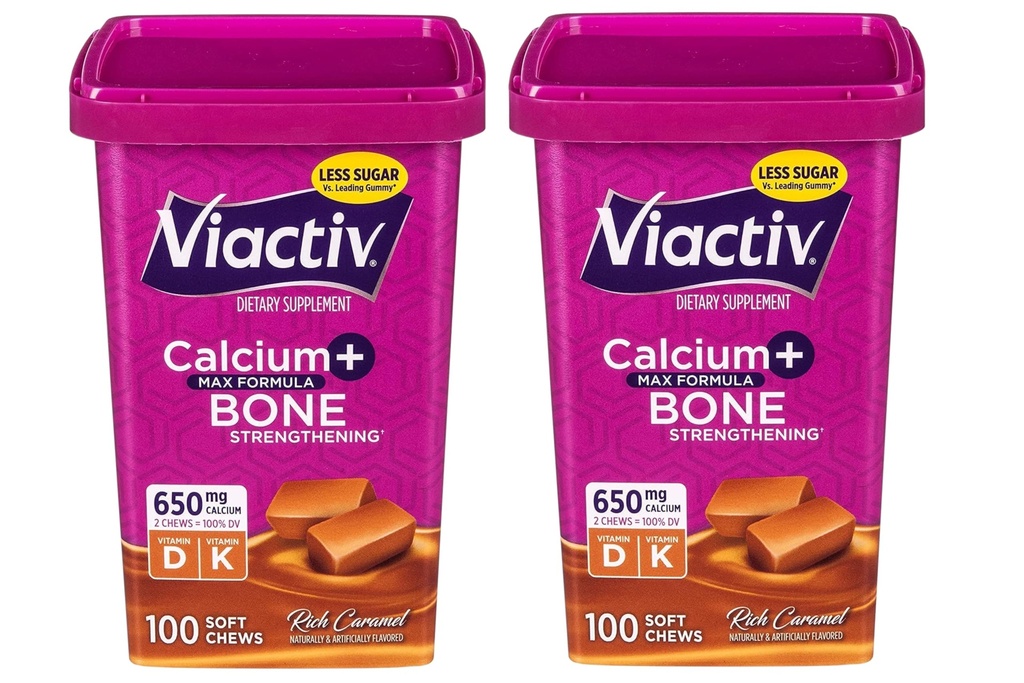 Viaktiv Max Formula Kalsium + Vitamin D3 Tambahan untuk Bone Health, Karamel Kaya, 100 Soft Chews - 2 Pack