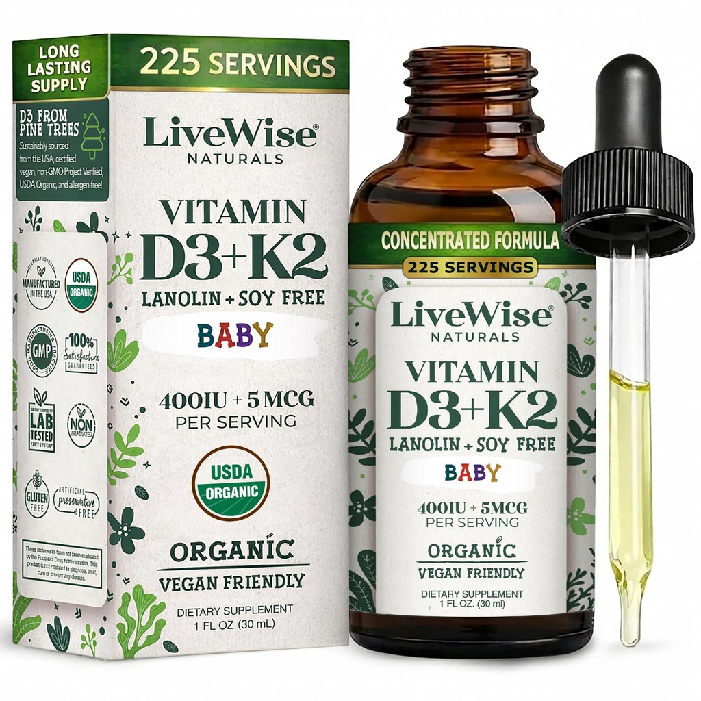 LiveWise Averal Baby Vitamin D3- K2 Liquid Suplement Suplement, Vitamin Drops for Baby and Toddlers, for Heally Growth, Development and Daily Wellness, Easy-to- Gunakan Dropper in Glass Bottle, 1 Fl Oz