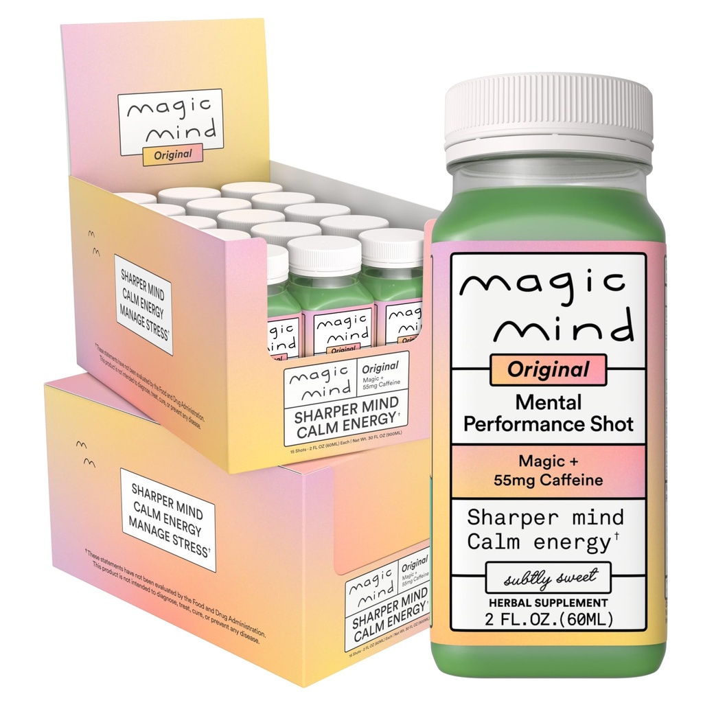 Magic Mind Focus Energy Shots - Tidak ada Jitters, Stress Relieving, Ashwagandha, Functional Jamur, Matcha Green Tea, Vitamin B12, Vitamin C - 2 FL Oz (30 Pack)