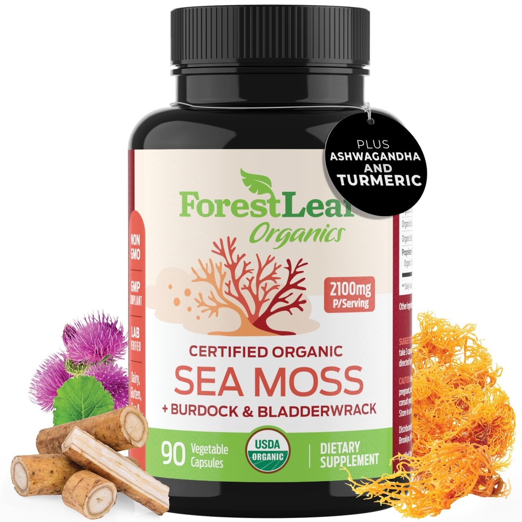 ForestLeaf Organic Sea Moss Capsules 124g Raw Seamoss Pills Advanced Superfood + Burdock, Bladderwrack for Digecourse, Respiratory, Imune Health 124; 90 Vegan Sea Moss Caps Organik