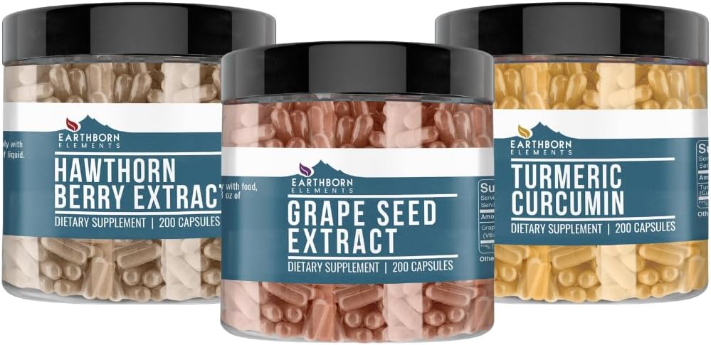 Elements Earthborn Grape Seed, Hawthorn Berry, & Turmeric Curcumin Capsule Bundle (200 Capsules Setiap), Murni & Unenluted, Tidak Ada Additives