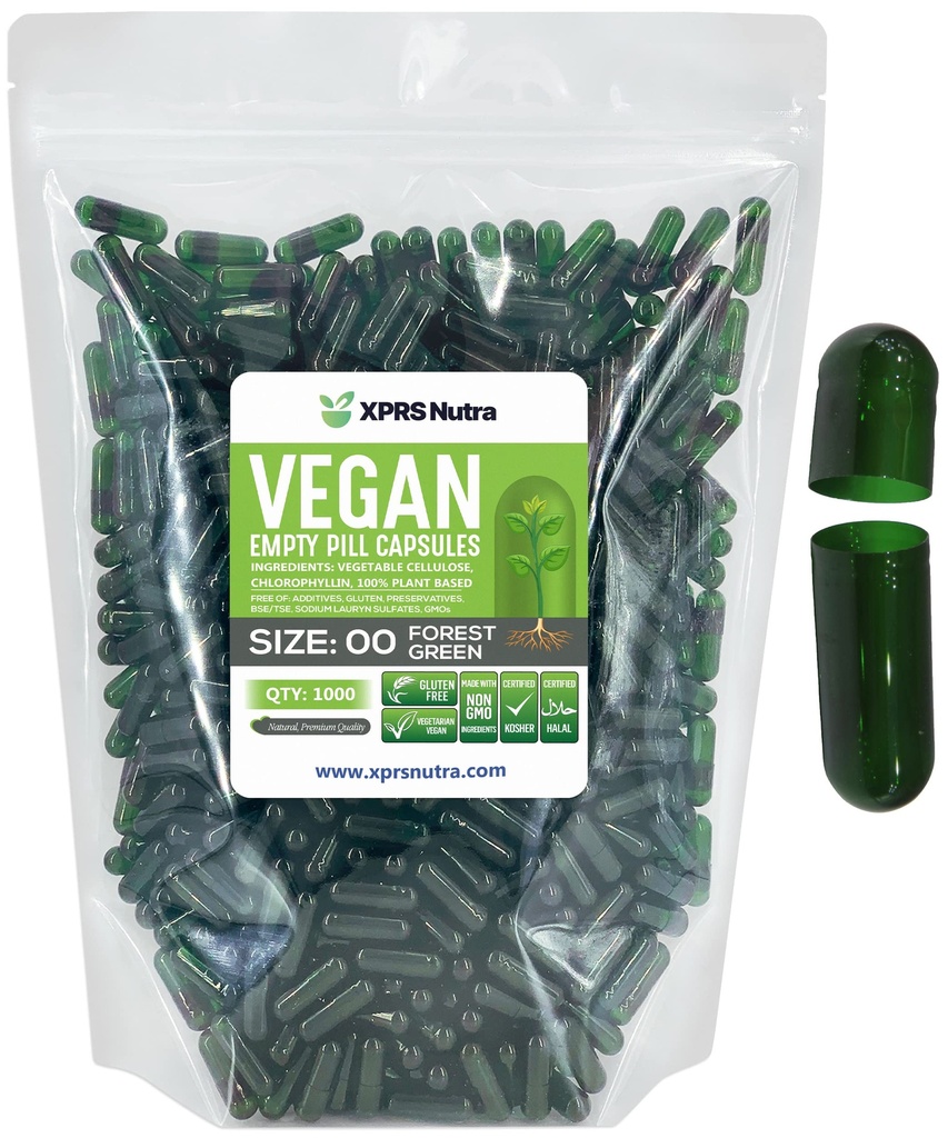 XPRS Nutra Ukuran 00 Kosong Kapsul - 1000 Menghitung Capsules Vegan Kosong - Vegetarian Pil Kosong - DIY Ditabel Capsule Filly- Veggie Pill Caps (Forest Green)