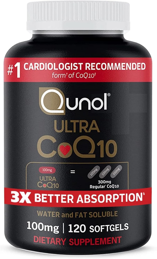 Qunol CoQ10 100mg Softgels, Qunul Ultra CoQ10 100mg, 3x Better Absorpsi, Antioksidant for Heart Health & Energy Produksi, Koenzim Q10 Vitamin dan Suplemen, 120 Count (Paket 24)