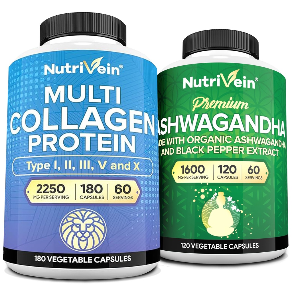 Nutrivena Premium Multi Collagen Capsules & Ashwagandha Suplemen Bundle: Penyerangan Tinggi Ashwagandha Root & Multi Collagen Peptides Capsules untuk Tubuh dan Pikiran