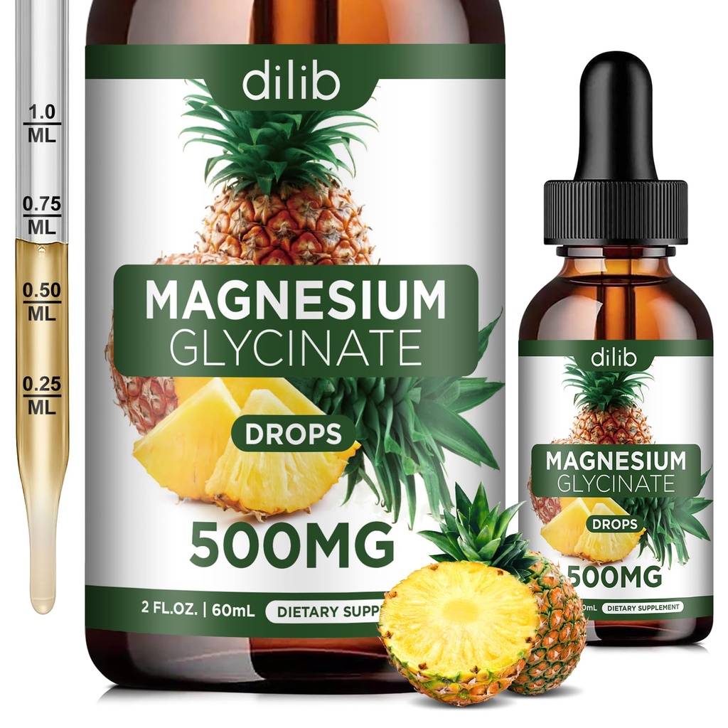 Magnesium Glycinate Suplement, Liquid Magnesium Glycinate Liquid Drops 500mg Dukung Stress Relief, Relaxation, Mood, Sleep, Bone & Muscle-2 Fl Oz, Vegan, Pineapple Flavor
