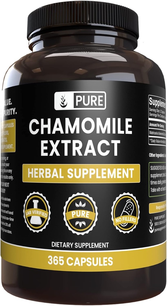 PURE ORIGINAL INGREDIENTS Chamomile Extract (365 Capsules) No Magnesium Or Rice fillers, Always Pure, Lab Verified