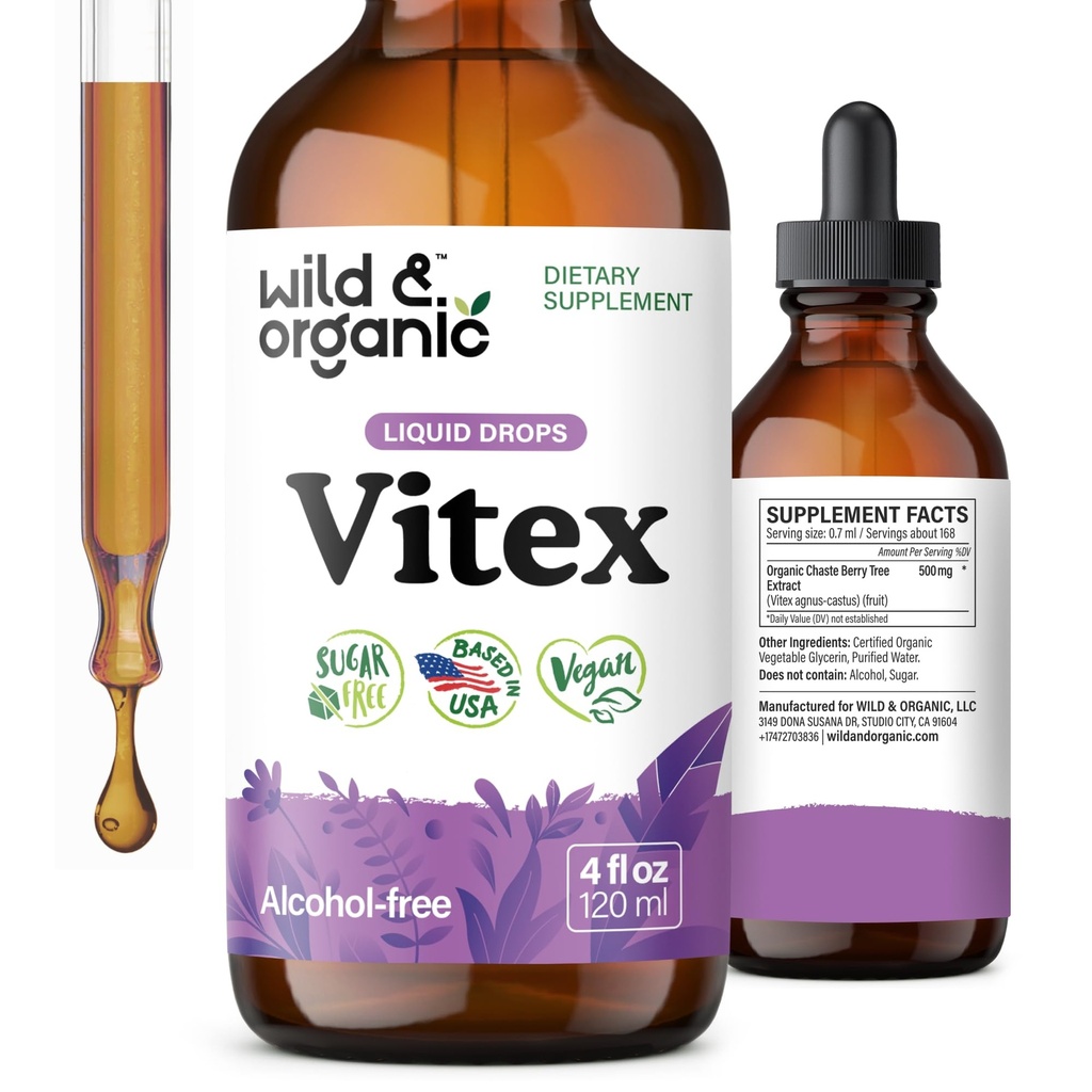 Wild & Organic Vitex Tincture - Vitex Chasteberry Suplement for Women - Liquid Tree Berry Extract for Good Mood - Vegan, Sugar & Alcohol- Free Herb Drops - 4 fli oz