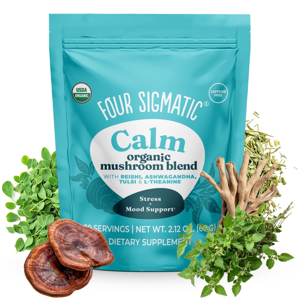 Four Sigmatic Calm Mushroom Blend 124; Adaptogen Suplemen dengan Ashwagandha, Reishi, Tulsi, Cordyceps, Chaga, Rose HIPS, dan Lebih dari 124; Natural Stress Relief dan Support Ammune Support