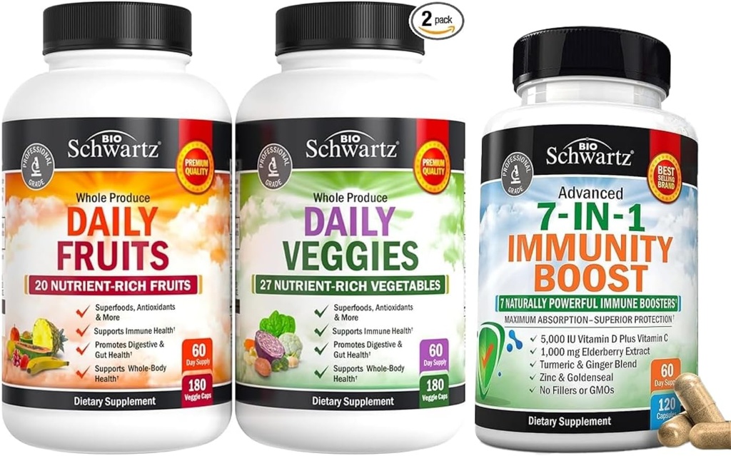 BioSchwartz Daily Fruits and Vegies Supplement for Women and Men (2 Month Supply) Plus 7 in 1 Ammune Supplemen Dukungan dengan Antioksidan (Persediaan 2 Bulan)