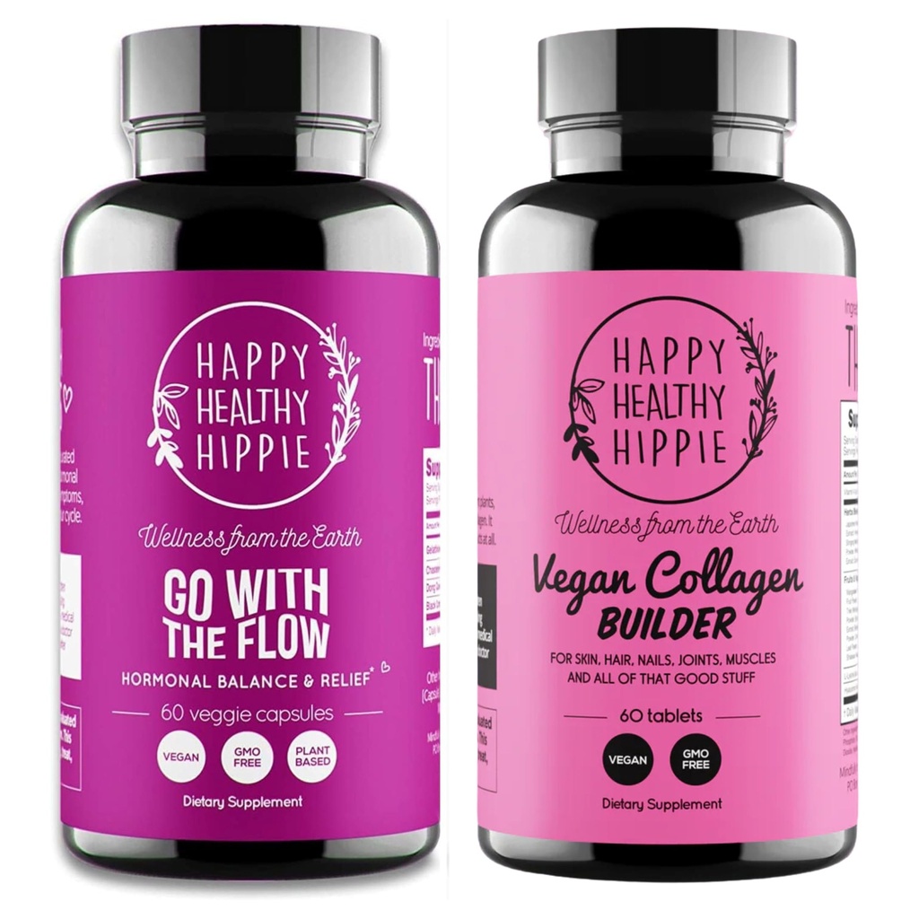 Happy Healthy Hippie Vegan Collagen Builder w / Hyaluronic Acid & Go with The Flow Hormone Balance for Women