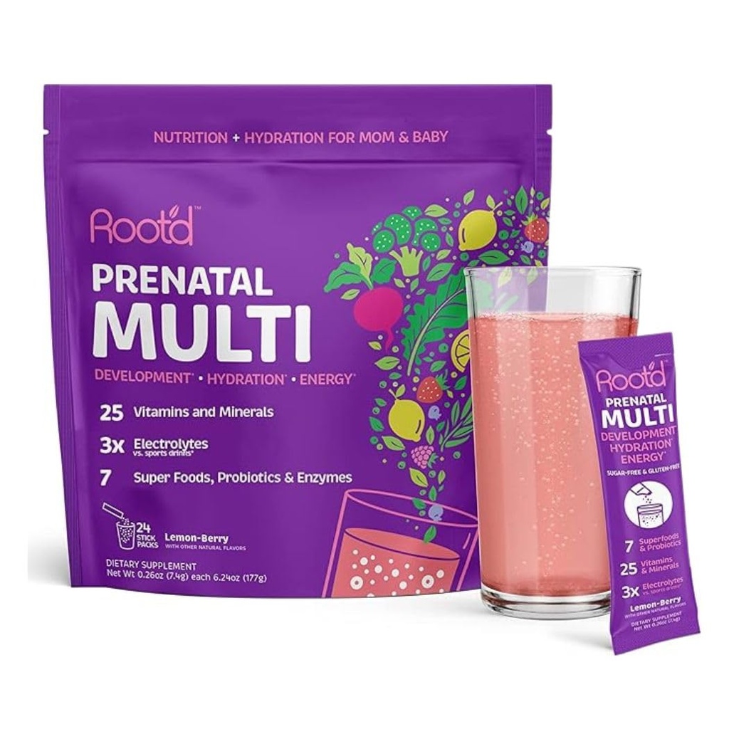 Root 'd Powder Multivitamin Prenatal dengan 3X Electrolytes - 25 Vitamin & Minetars, Flounce, Iron, Vitamin D3, 7 Superfoods & Progories, Sugar- Free Vitamin & Hydration 124; 24 Vitamin D3