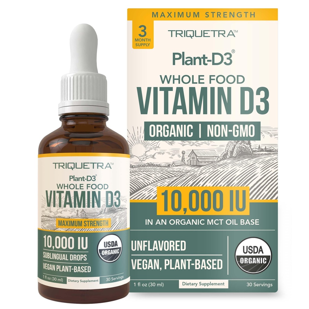 Vitamin D3 10.000 IU - Tanaman D3, Vegan, Max Power Sublingual Liquid D3 Drops - 200% Higher Absorpsi, 100% PLT - Berdasarkan Bentuk Cholecalferol & Vegan D3, Adjustable D3 (30 Pelayan)