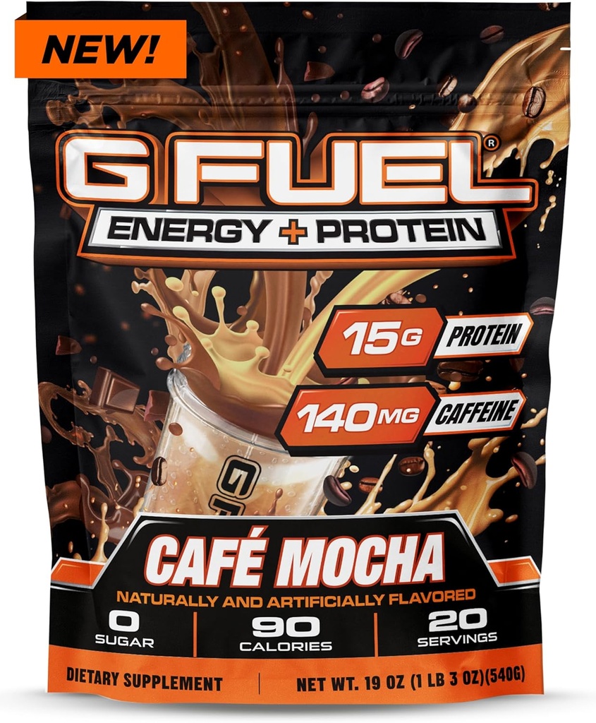 GFuel Protein + Energy Powder, Pra Workout Caffeine Mix untuk Gaming, Sugar Free Focus Amino, Vitamin + Antioksidants, 19oz (Cafe Mocha, 20 Pelayan)