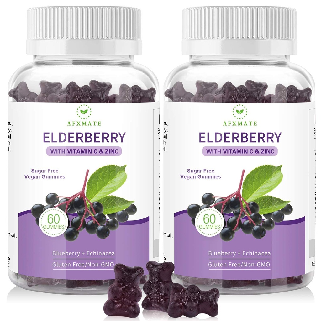 AFXMATE Sambucus Black Elderberry Gummies dengan Zinc dan Vitamin C untuk Anak-anak Dewasa Dukungan, Sugar Free 120 Counts