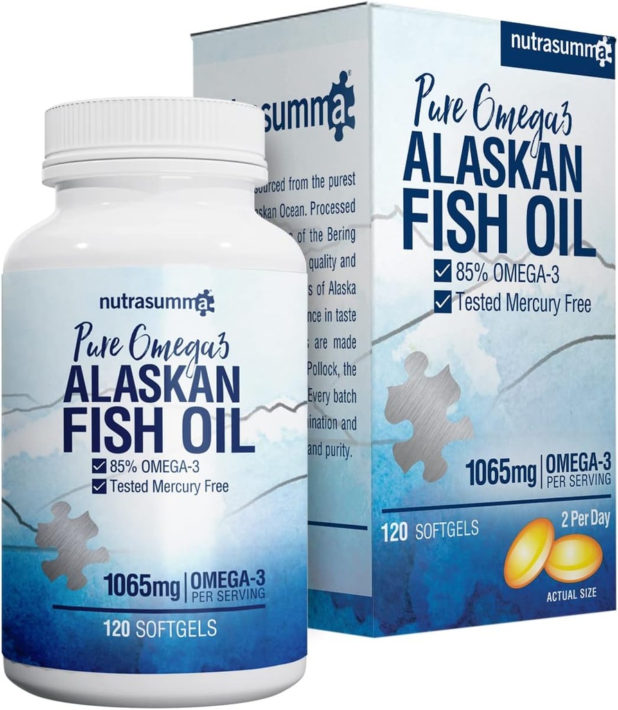 Nutrasumma High Purified Omega 3 Support Wild Alaska Fish Oil Burpless & No Fishy Taste, 650mg EPA & 270mg DHA dari 1250mg Fish Oil softgels, Gluten Free Heart, Brain & Imune Dupport, 60