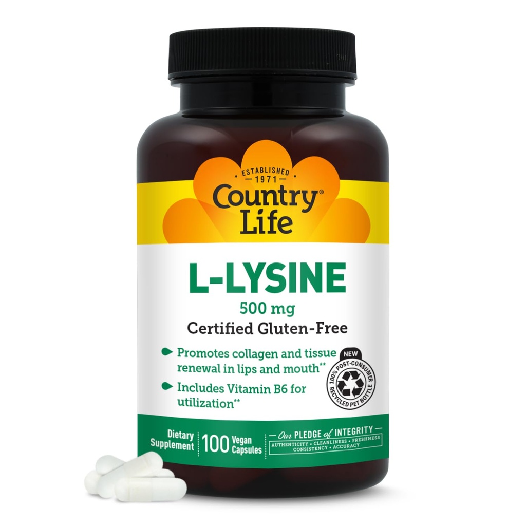 Negara Hidup L- Lysine 500mg dengan B-6, Mendukung Kesehatan Imune, Promotes Collagen Renewal di Lips dan Mouth, 100 Vegan Capsules, Sertifikasi Gluten Bebas, Sertifikasi Vegan