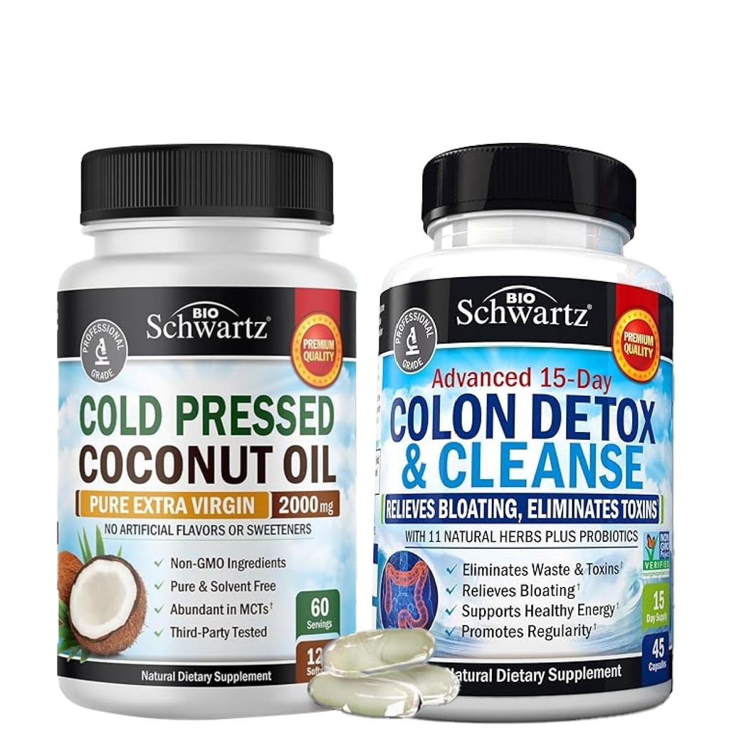 BioSchwartz 15 Day Cleanse for Colon and Gut Health Plus Cold Press MCT Coconut Oil Capsules (2 Pasokan Bulan)